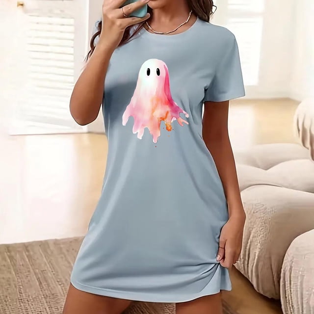 Sakmal Robe de Nuit Moomoo pour Femmes Effet Nuage Extensible Bleue Halloween Grande Taille Robe de Maison Courte Imprimé Fantôme Col Rond Manches Courtes Robes de Nuit P-2TG