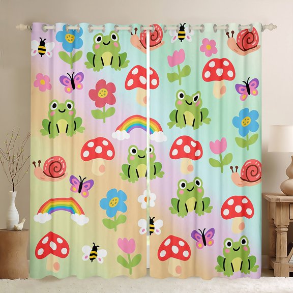 Feelyou Green Cute Frog Blackout Curtains Set of 2 (52x84 Each) for Teen, Kawaii Cartoon Mushroom Window Curtains, Rainbow Flower Curtains and Drapes, Blackout Curtains Bedroom Decor