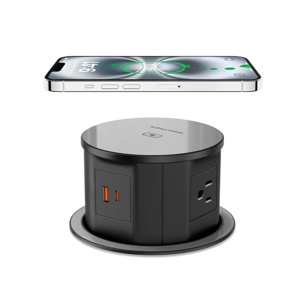 Enchufe desplegable con cargador inalámbrico de 15 W, 4 tomas de corriente alterna y USB
