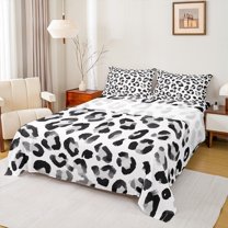 Homewish Chic Abstract Adult Bed Sheets, White Black Leopard Print King Sheets, Modern Fashion Style Sheet Set, Microfiber Bedroom Decor, 4 Pieces