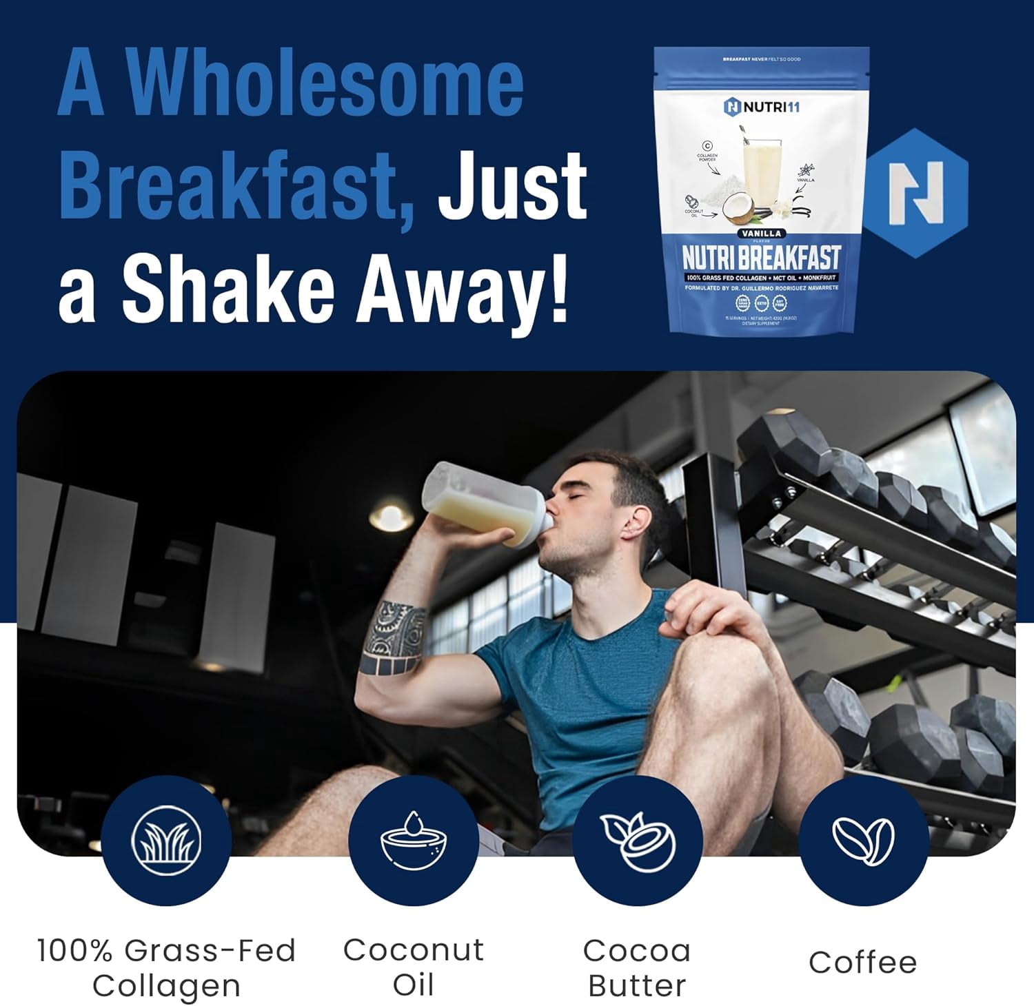 NutriBreakfast by Nutrillermo/Keto Protein Vanilla Collagen Powder with MCT Oil/MCT Oil Powder with Collagen/Keto Collagen Peptides Powder with Grass-Fed Bovine Collagen Type I & III-15 Servings