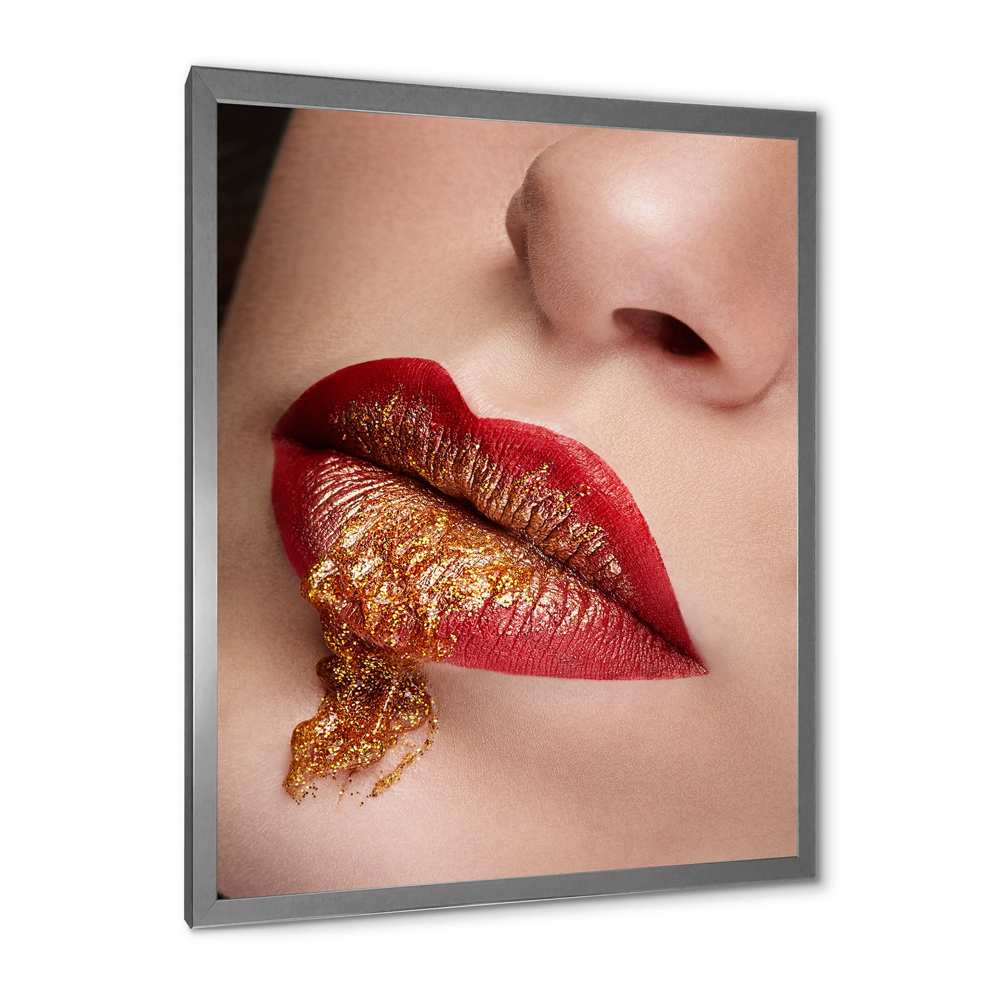 Designart 'Close Up Lips With Gold and Red Make Up' Modern Framed Art Print