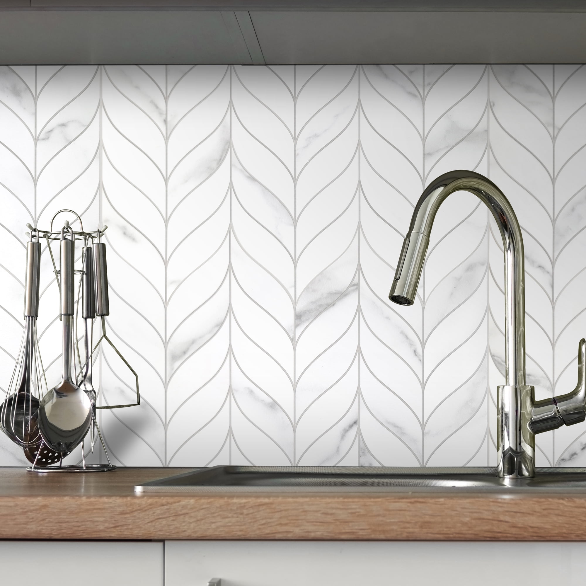 SUNWINGS 10-Sheet Peel and Stick Leaf Waterjet Backsplash Self Adhesive Tiles White Marble Wall Panels Stick on Backsplash for Kitchen, Bathroom, Fireplace