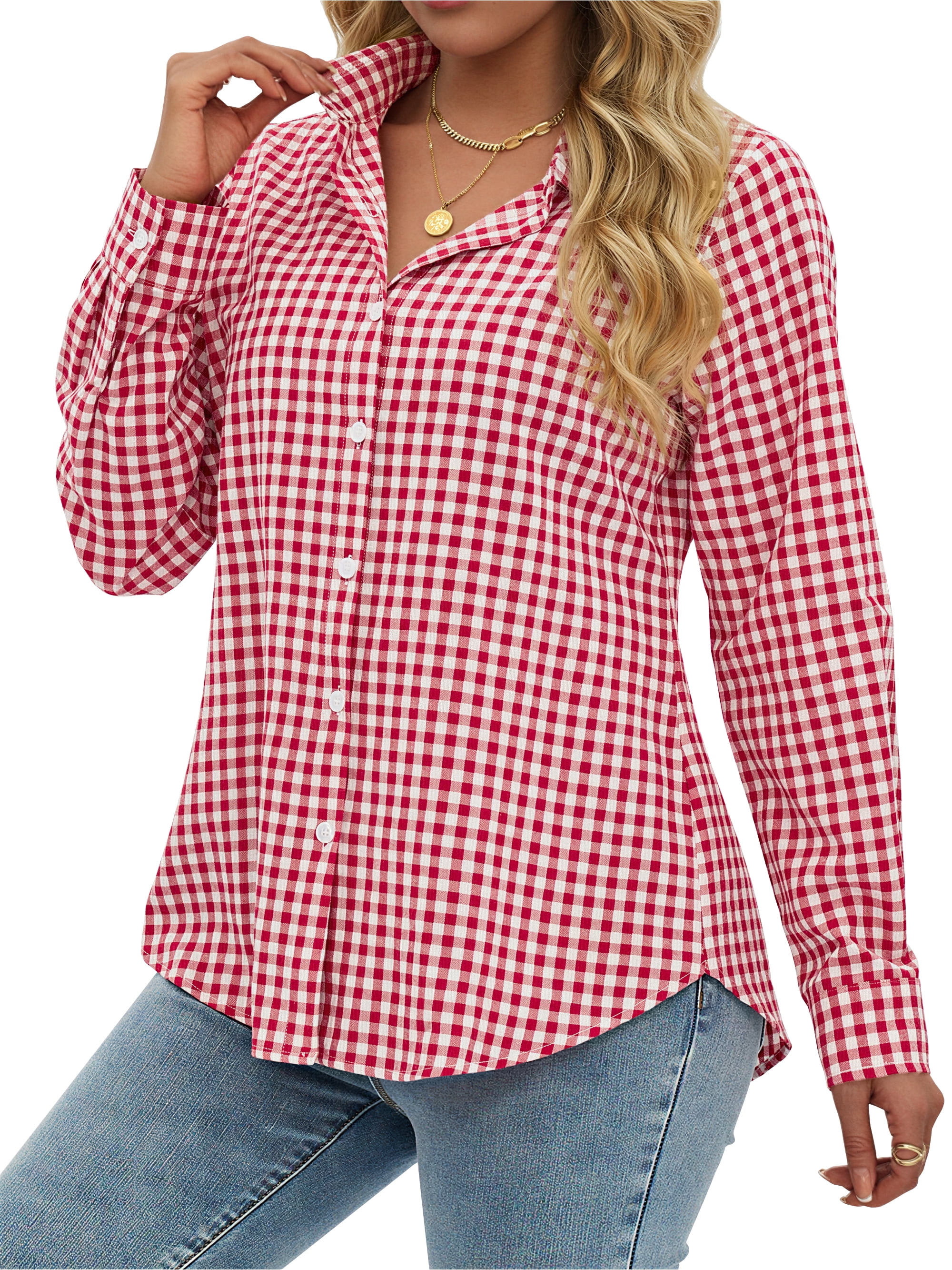 Fantaslook Plaid Button Down Shirts for Women Dressy Casual Long Sleeve Shirts Collared Work Blouses Tops