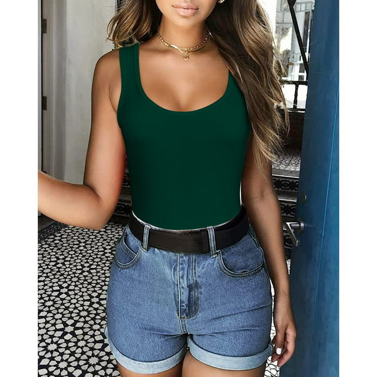Vafful Bodysuit for Women Summer Tank Tops Scoop Square Neck Sleeveless  Shirts Women's Ribbed Basic Tops Jumpsuits Dark Green S-XL 