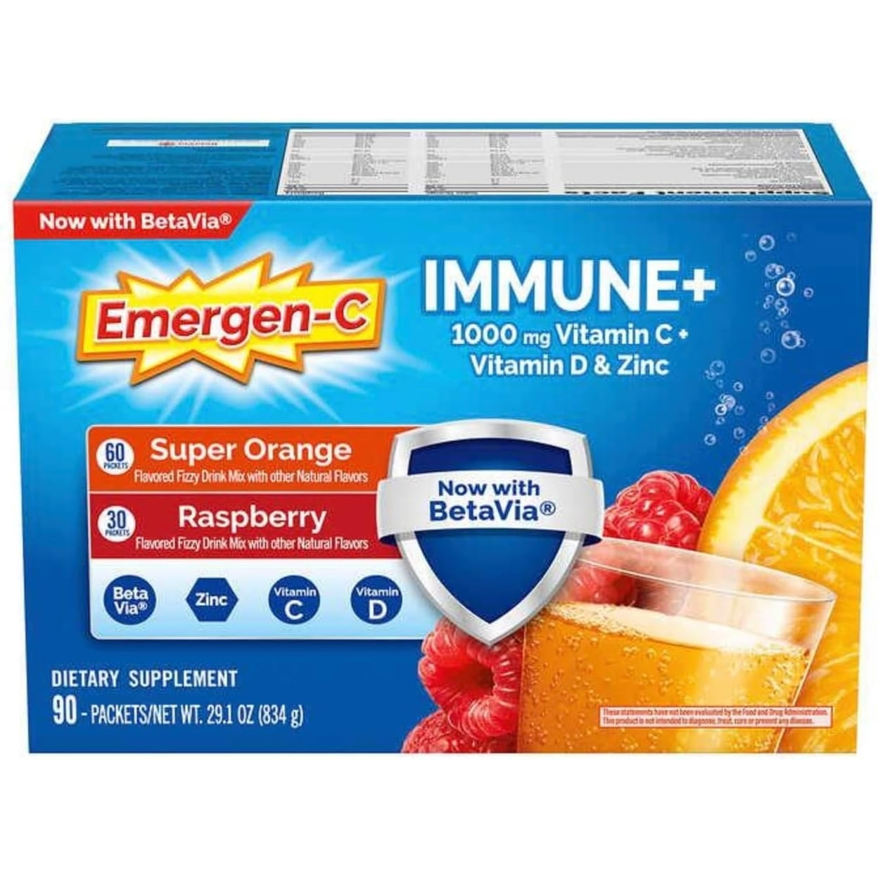Emergen-C Immune+ 1000 mg Vitamin C + Vitamin D & Zinc, 90 Packets