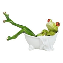 Whimsical Green Lady Diva Frog with Golden Nails Soaking in Bath Tub Figurine