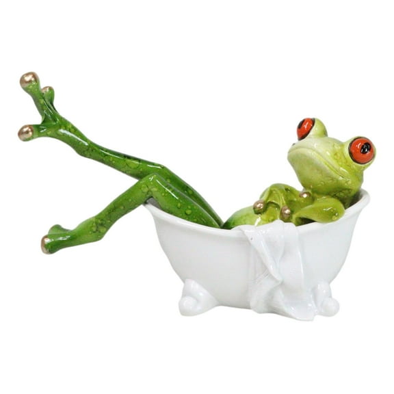 Whimsical Green Lady Diva Frog with Golden Nails Soaking in Bath Tub Figurine