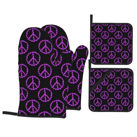 

Oven Mitts and Pot Holders Sets 4 pcs purple hearts peace sign black Non-Slip Oven Gloves Potholders Soft Quilted Lining Heat Resistant Gloves Hot Pads for Kitchen Cooking Baking