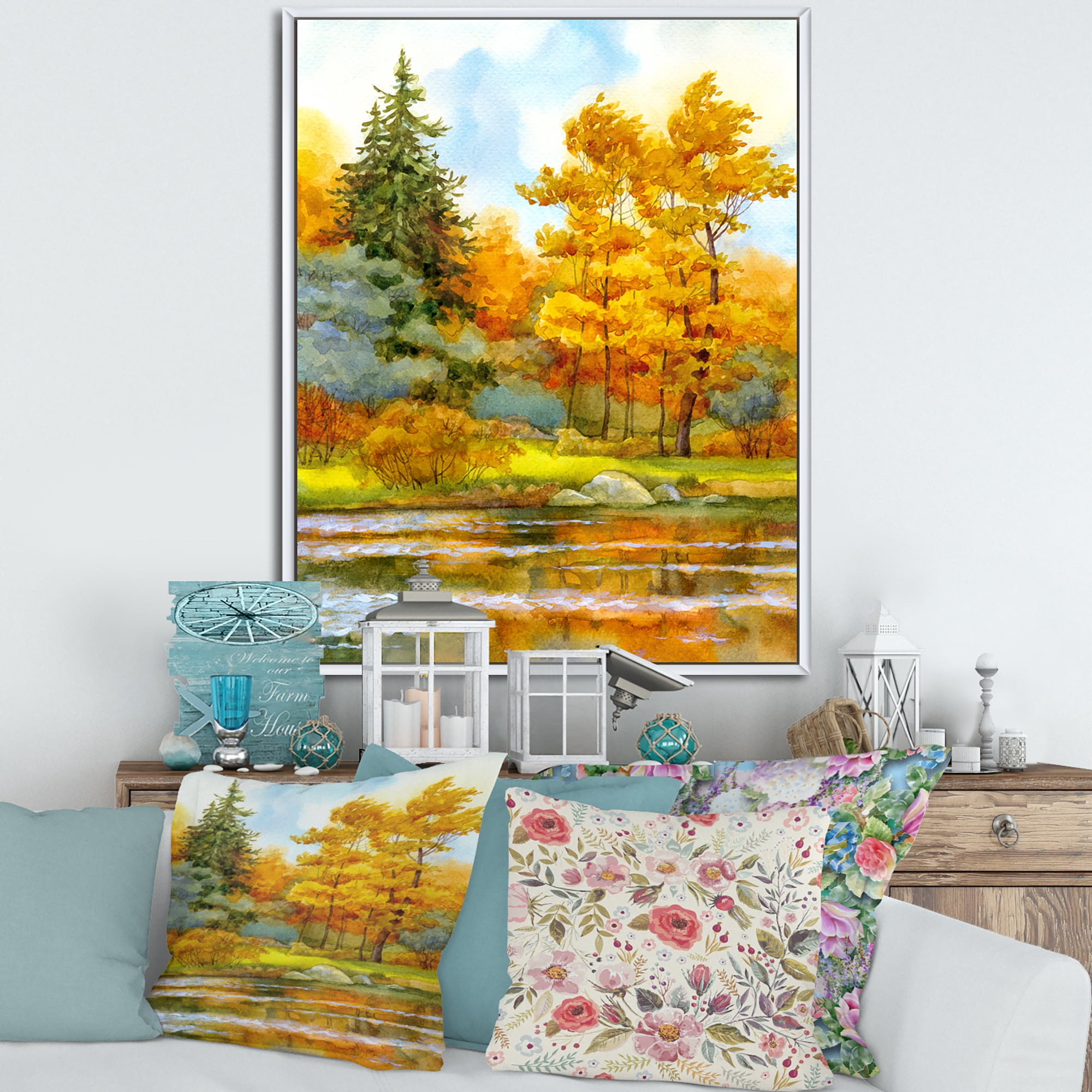 Autumn Forest By The Lake Side I 24 in x 32 in Framed Painting Canvas Art Print, by Designart
