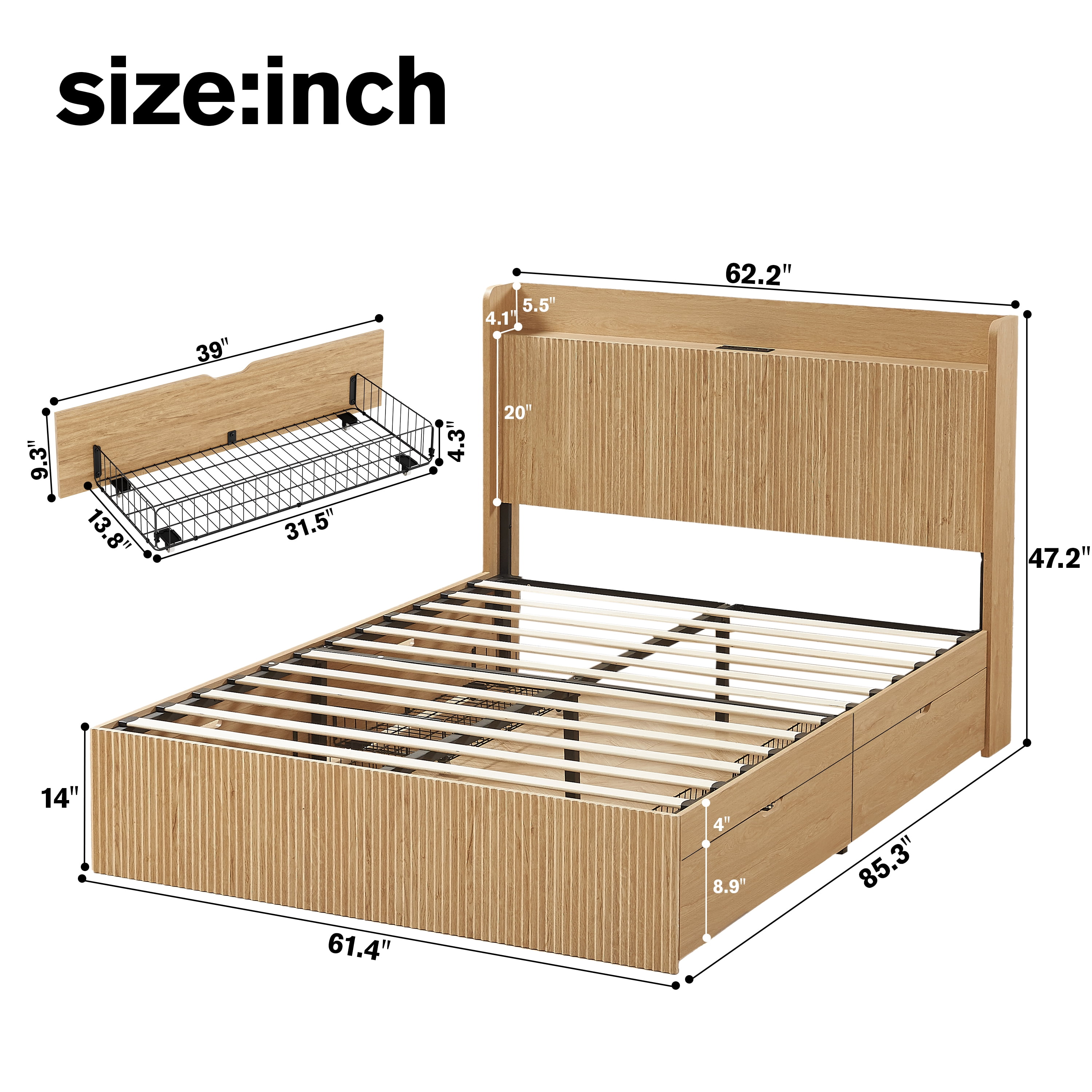 GARITIN Queen Size Platform Bed Frame with 4 Storage Drawers & Built-in Charging Station, Wooden Storage Box Bed, Large Capacity Organizer for Bedroom, Natural