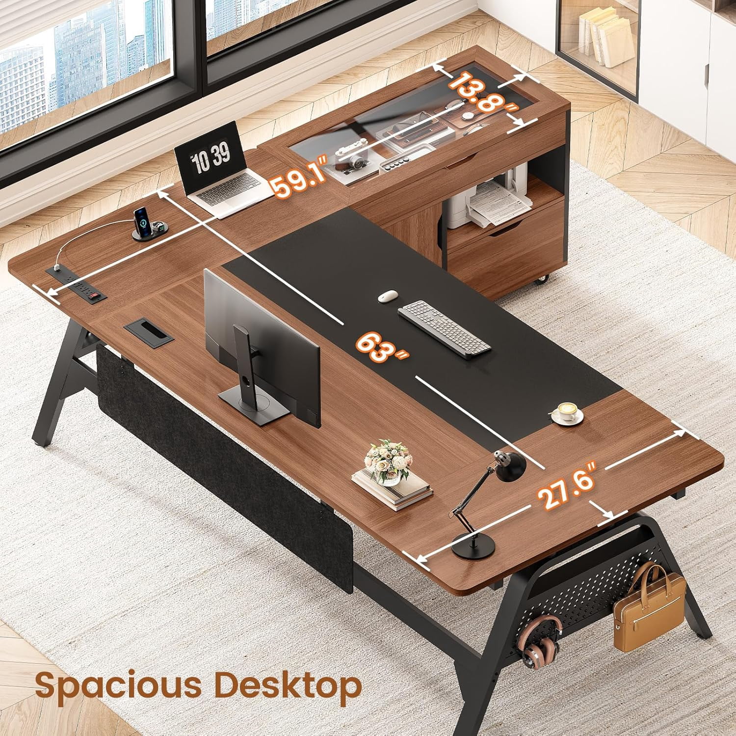 SEDETA L Shaped Computer Desk with Mobile File Cabinet & Power Outlets, Executive Home Office Desk with Storage Drawers, Pegboard, Cable Management, Reversible L Desk for Work & Gaming, Black + Brown