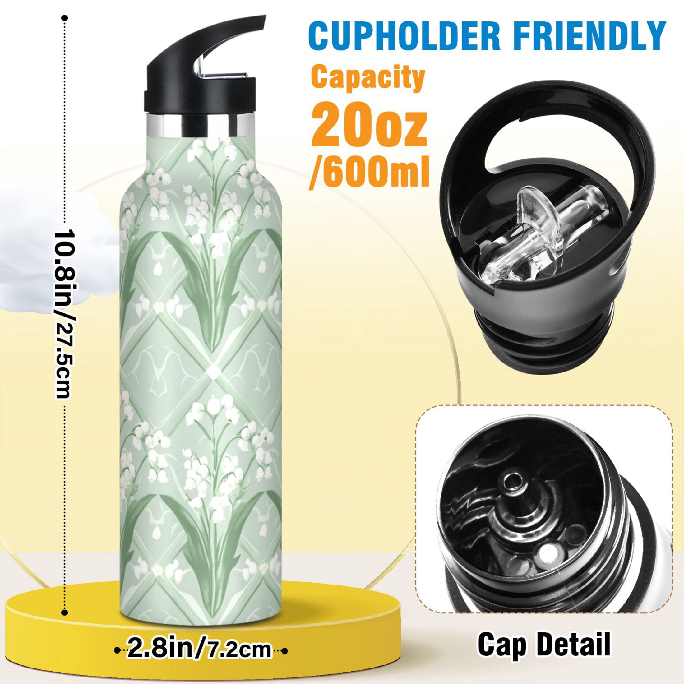 Kids Insulated Stainless Steel Sports Water Bottle 600ml (20oz) Light Green and White Lily