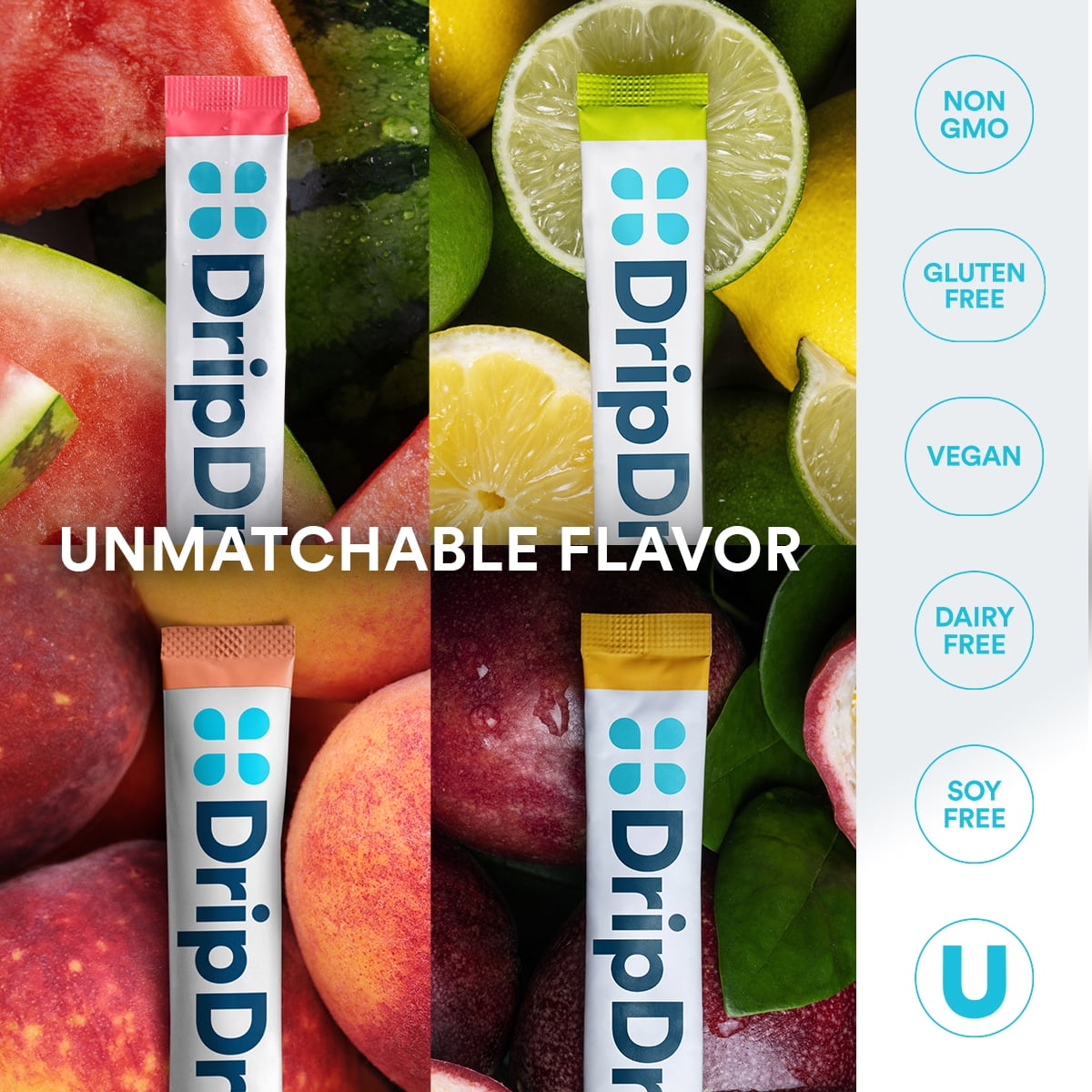 (8 pack) DripDrop Zero Sugar Fast Hydration - Watermelon, Lemon Lime, Peach, and Passion Fruit Electrolyte Powder Drink Mix, 8 Count
