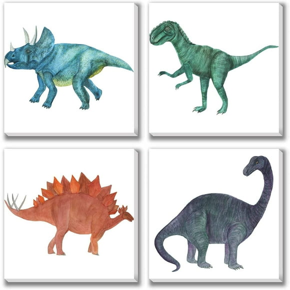 TEXTURE OF DREAMS Boy Room Cool Dinosaur Painting Print on Canvas Wall Art Tyrannosaurus Stegosaurus Triceratops Painting Artwork Giclee Printing Wall Decor Home Decoration, 4 Pack (14" x 14")