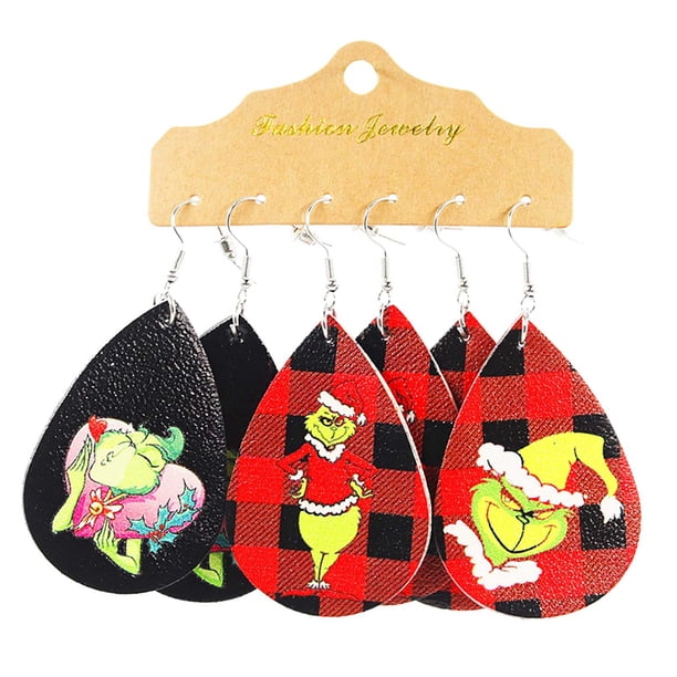Grinch Earrings for Girls The Grinch Decorations for Christmas 3 Pairs Of Christmas Earrings Handmade Tear Drop Faux Leather Earrings New Year Party Earrings Set Winter Holiday Jewelry Gifts