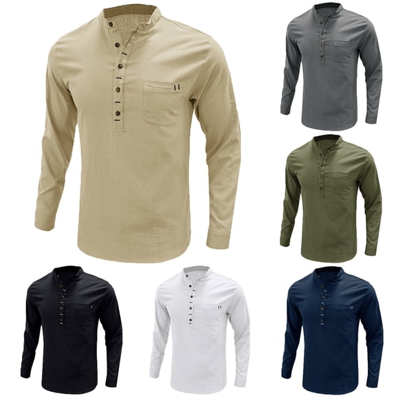 Miluxas Mens Henley Shirts Long Sleeve with Pocket Fall Cotton Casual T-Shirts Plain Moisture Wicking Tee with 3 Button White