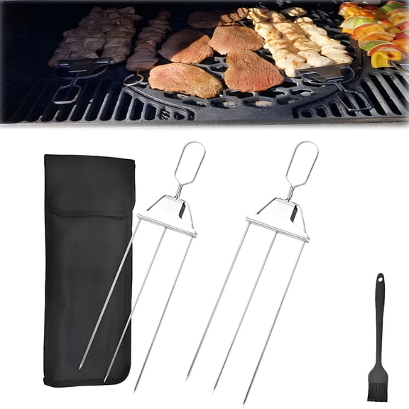 ACDANC 3 Way Grill Skewers - 3 Way Skewers for Outdoor Grill,3 Way Skewer for Grilling,BBQ Grill Skewers,Grill Skewers Stainless Steel,Easy to Use Push Bar Slider (2Trident)