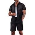 thumbnail image 2 of hotojiny Men's 2 Piece Set Summer Beach Outfits Breathable Hollow out Mesh Button down Shirts Shorts Set Casual Tracksuit(Black,X-Large), 2 of 7