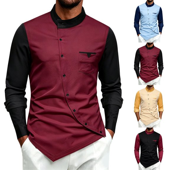 Men's Long Sleeve Dress Shirt Retro Slim Fit Asymmetric Button Stand Blouses Irregular Hem Business Golf Tops