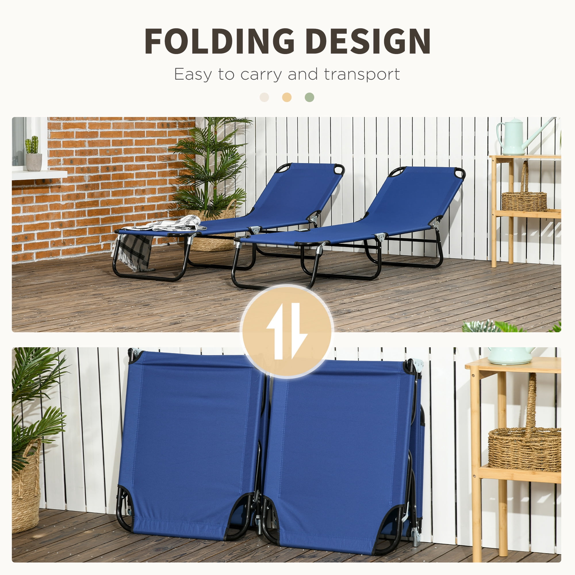 2 Piece Folding Chaise Lounge Pool Chairs, Outdoor Sun Tanning Chairs with 5-Level Reclining Back