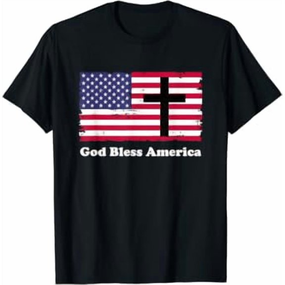 God Bless America Patriotic Flag With Cross T-Shirt, Unisex T-Shirt