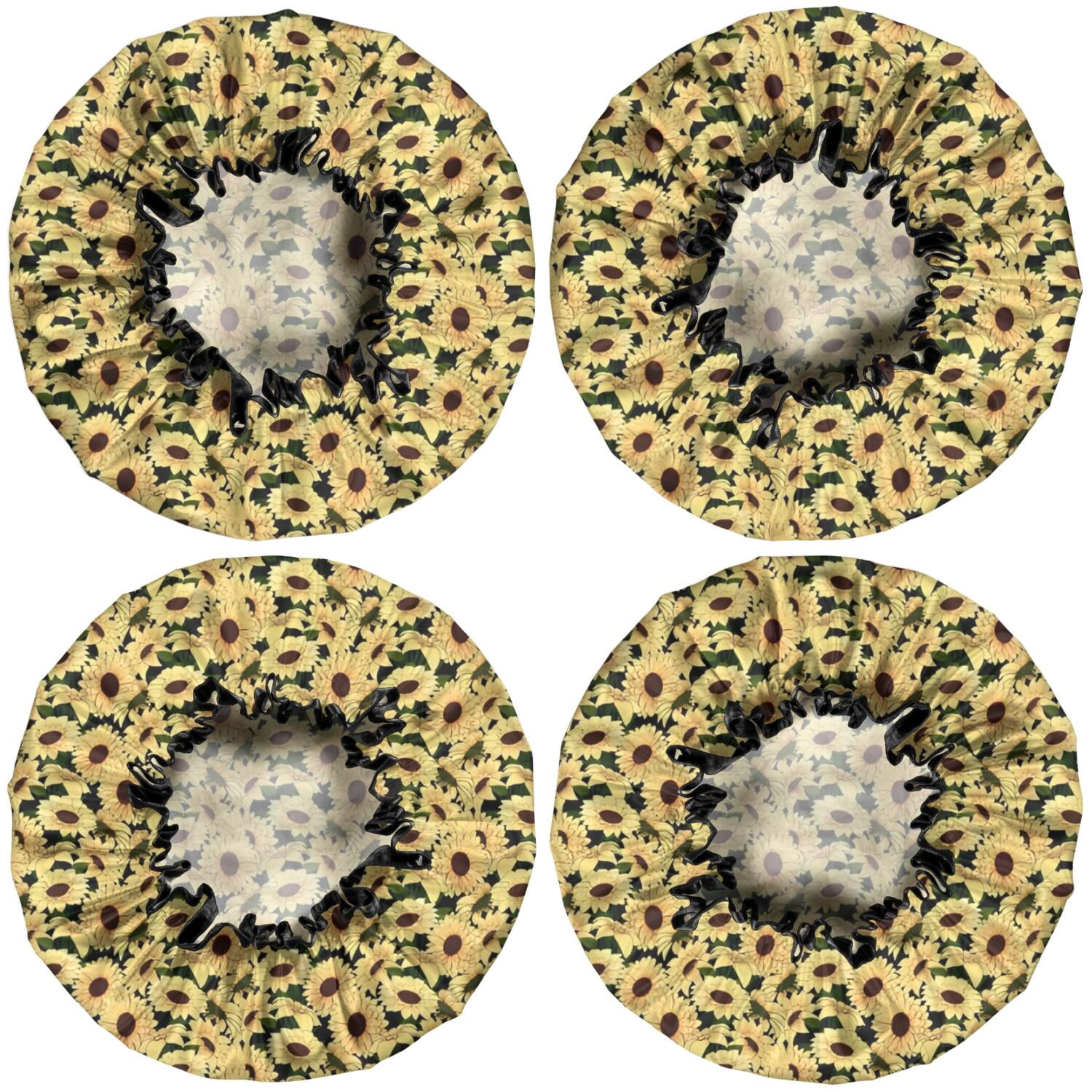 Shower Caps,Yellow Sunflower Pattern Waterproof Shower Cap for Women 4 Pieces,Double Reusable Hair Cover for Shower PEVA Elastic Stretch Hem