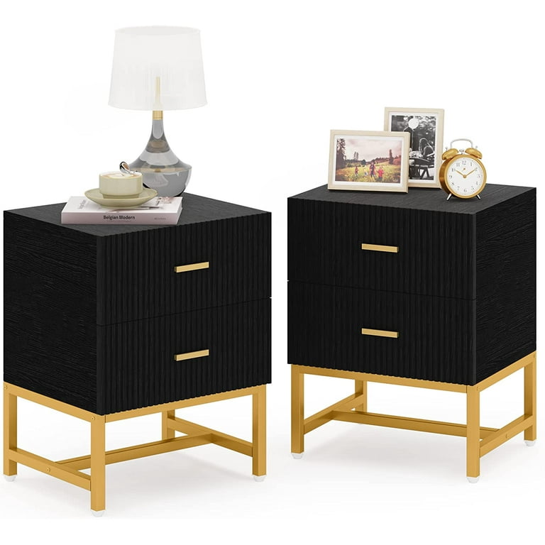 Tribesigns Modern Black and Gold Nightstand Set of 2 for Bedroom with 2 Drawer Metal Frame Striped