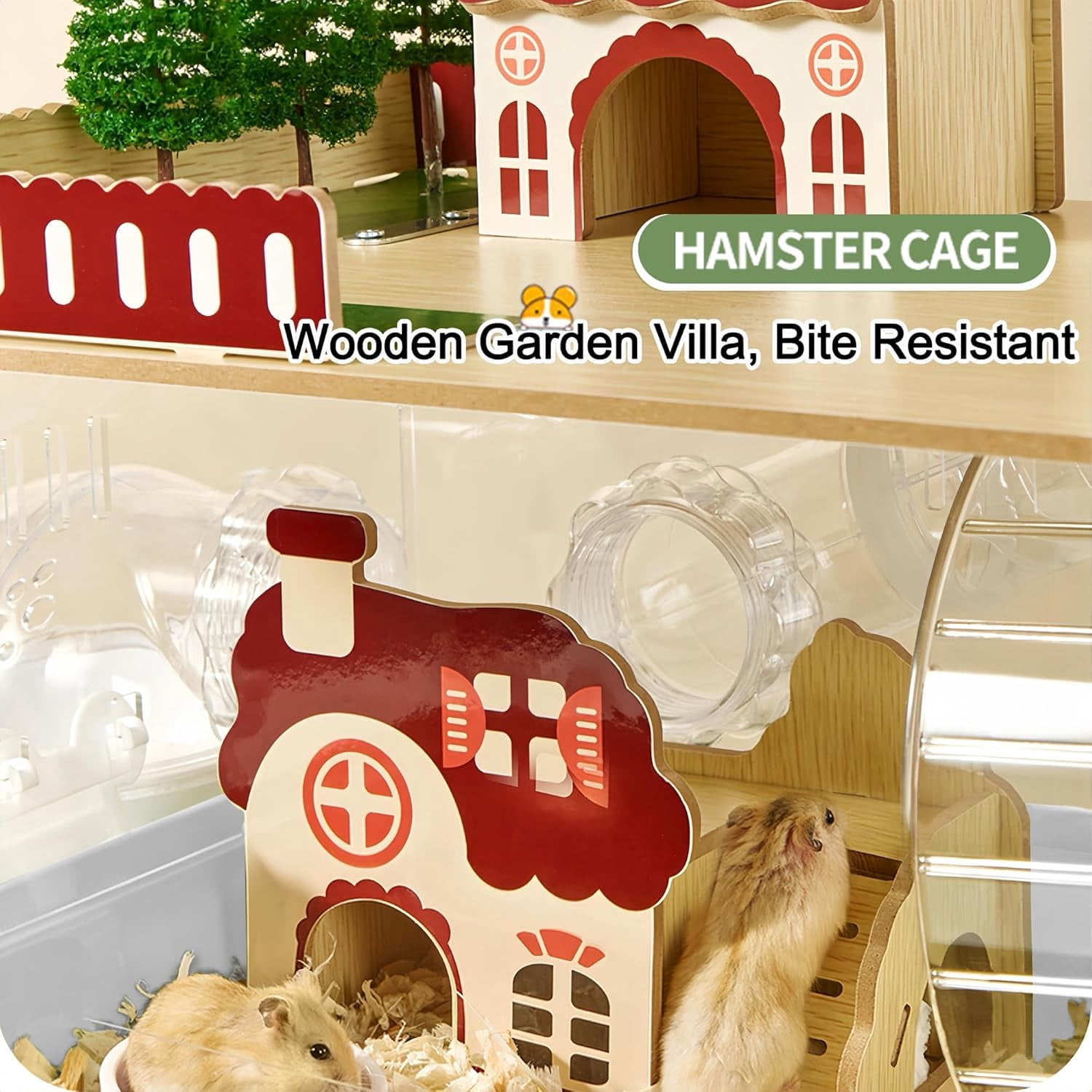 12 in 1 Clear Acrylic Hamster Cage with All Accessories,13.5''L* 10''W* 15''H Dwarf Hamster Cage,Magnetic Connection Small Hamster Enclosure,Garden Style Wooden Mouse Cage for Pet Mice