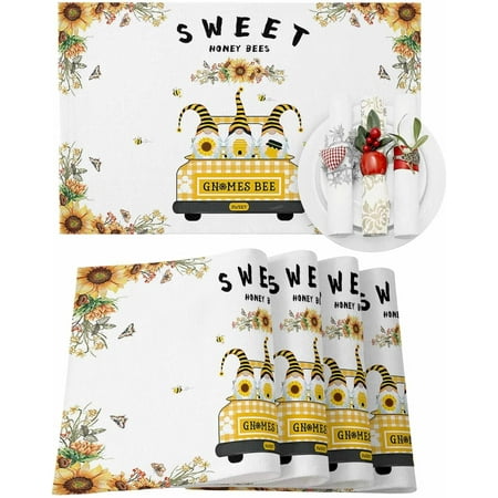 

Placemats Set of 4 Truck with Gnomes Bee Place Mats for Dining Table Heat-Resistant Non-Slip Washable Yellow Buffalo Check Plaid Floral Plants Table Mat for Dining Room Kitchen Home Decoration