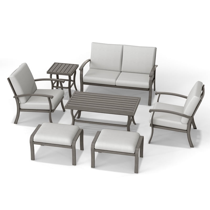 7 Piece Aluminum Patio Furniture Set, Outdoor Armchairs with Ottomans and Loveseat, Outdoor Sectional Sofa with Side Table and Coffee Table, Garden Conversation Set for Lawn