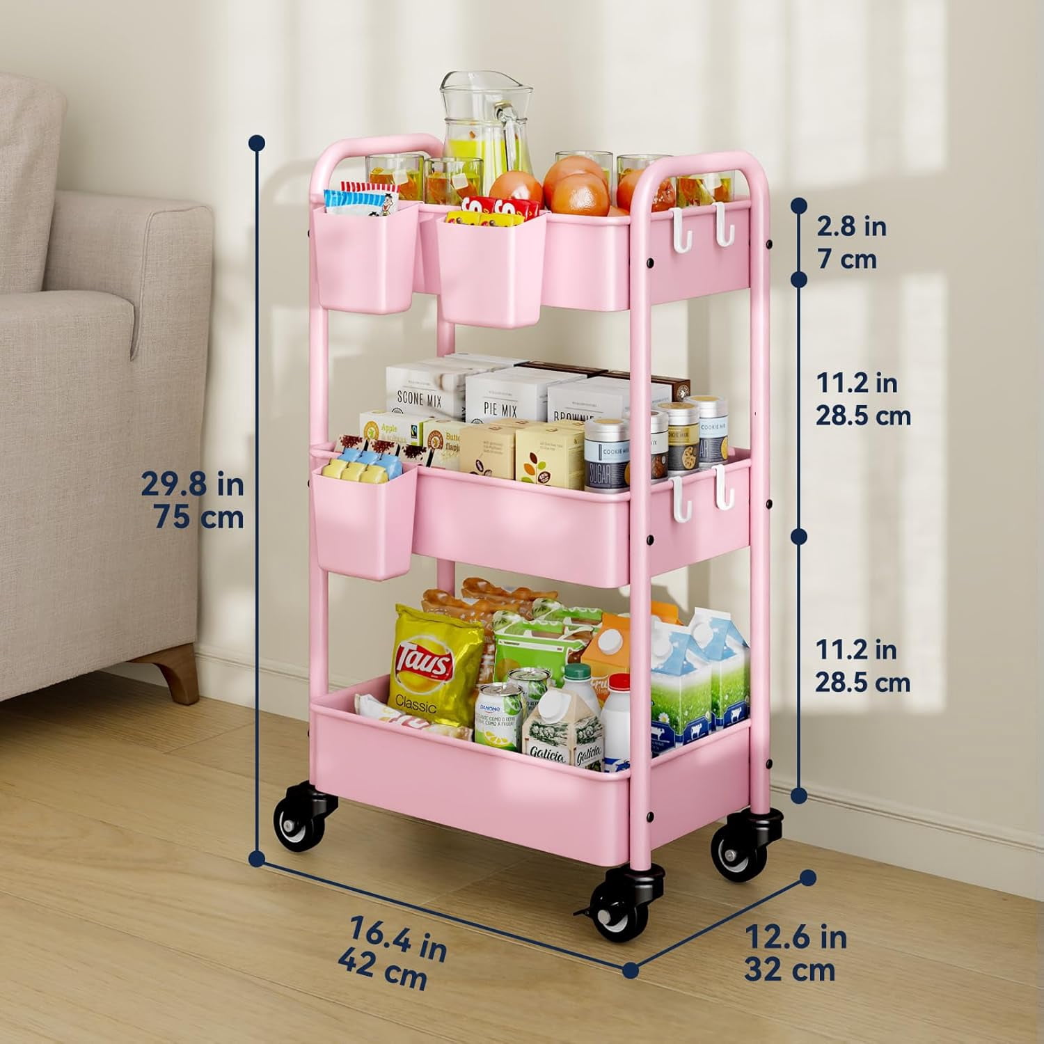 3-Tier Metal Rolling Cart, Heavy Duty Utility Cart with Wheels, 3 Hanging Cups and Hooks, Rolling Storage Cart Organizer for Kitchen Bathroom Office, Pink