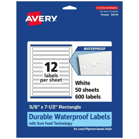 UPC: 0194793908213 | Avery Durable Waterproof Rectangle Labels with Sure Feed  5/8  x 7-1/2   600 Oil and Tear-Resistant Waterproof Labels  Print-to-the-Edge  Laser/Pigment-Based Inkjet Printable Labels