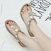 Anuirheih Ladies Sandals Rhinestone Buckle Style Wedge Heel Large Size Flip Flop Sandals Sandals Women (Beige)