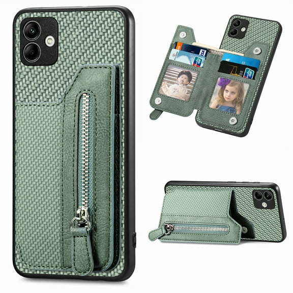 Feishell Case for Samsung Galaxy A05,Fiber Grain PU Leather Back Wallet Case with Credit Card Slots & Zipper Pocket Shockproof Magnetic Buckle Flip Kickstand Phone Case,Green