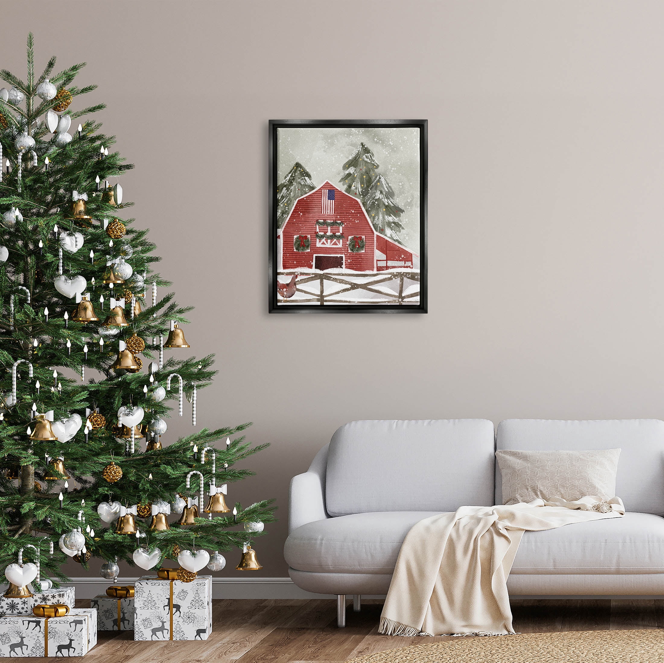 Stupell Industries Americana Barn Holiday Snow Scene Graphic Art Jet Black Floating Framed Canvas Print Wall Art, Design by Laura Konyndyk