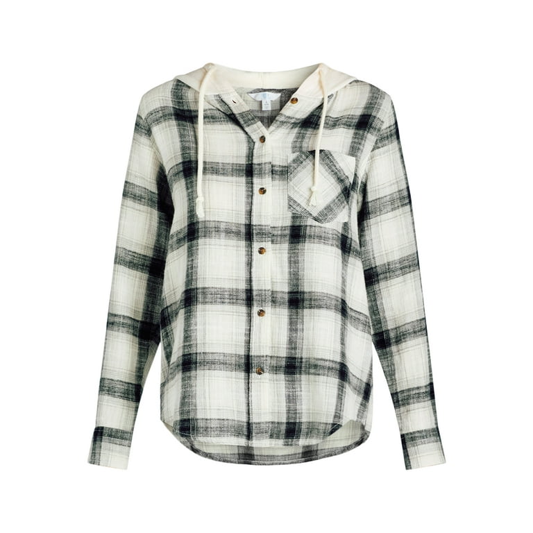 Time and Tru Women s Hooded Flannel Button Down Shirt with Long Sleeves Sizes XS XXXL Walmart