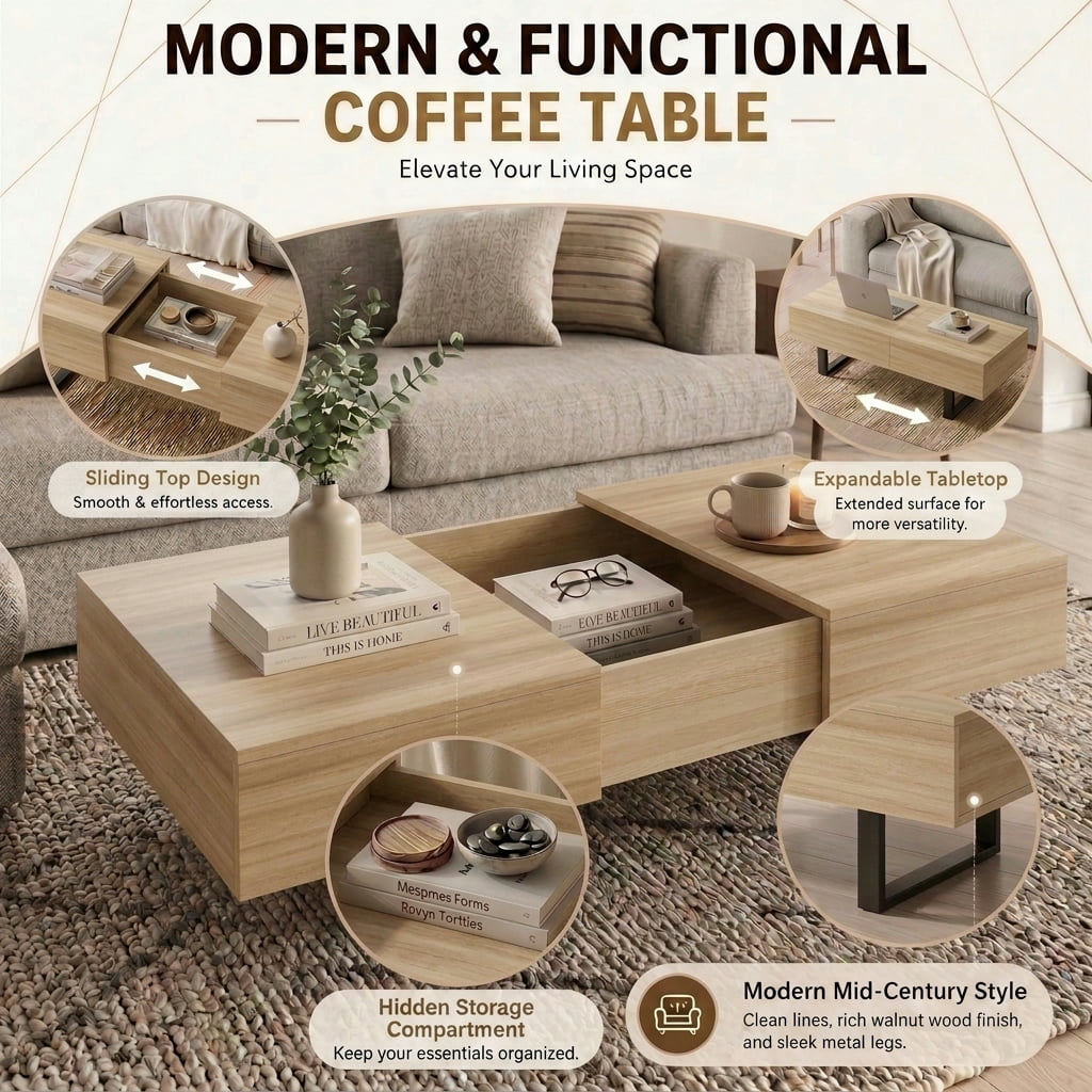 GARITIN Sliding Top Coffee Table with Hidden Storage, Expandable Wood Tabletop, Modern Mid-Century Coffee Table with Storage Compartment for Living Room, Natural