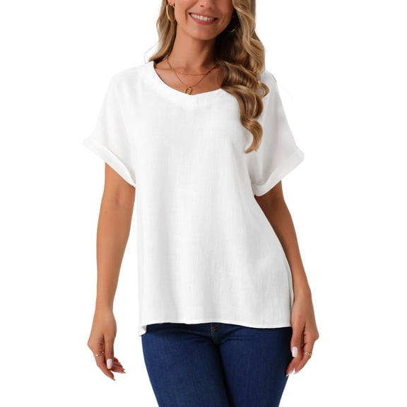 INSPIRAR CHIC Blusas de Lino para Mujeres, Camisetas de Manga Corta, Ropa Casual Básica de Verano, Blusa Suelta de Color Sólido XL Blanca
