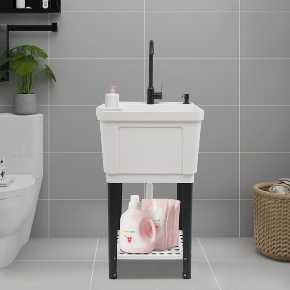 Freestanding Laundry Sink Utility Sink w/Cold&Hot Water Faucet Hoses Drain Kit