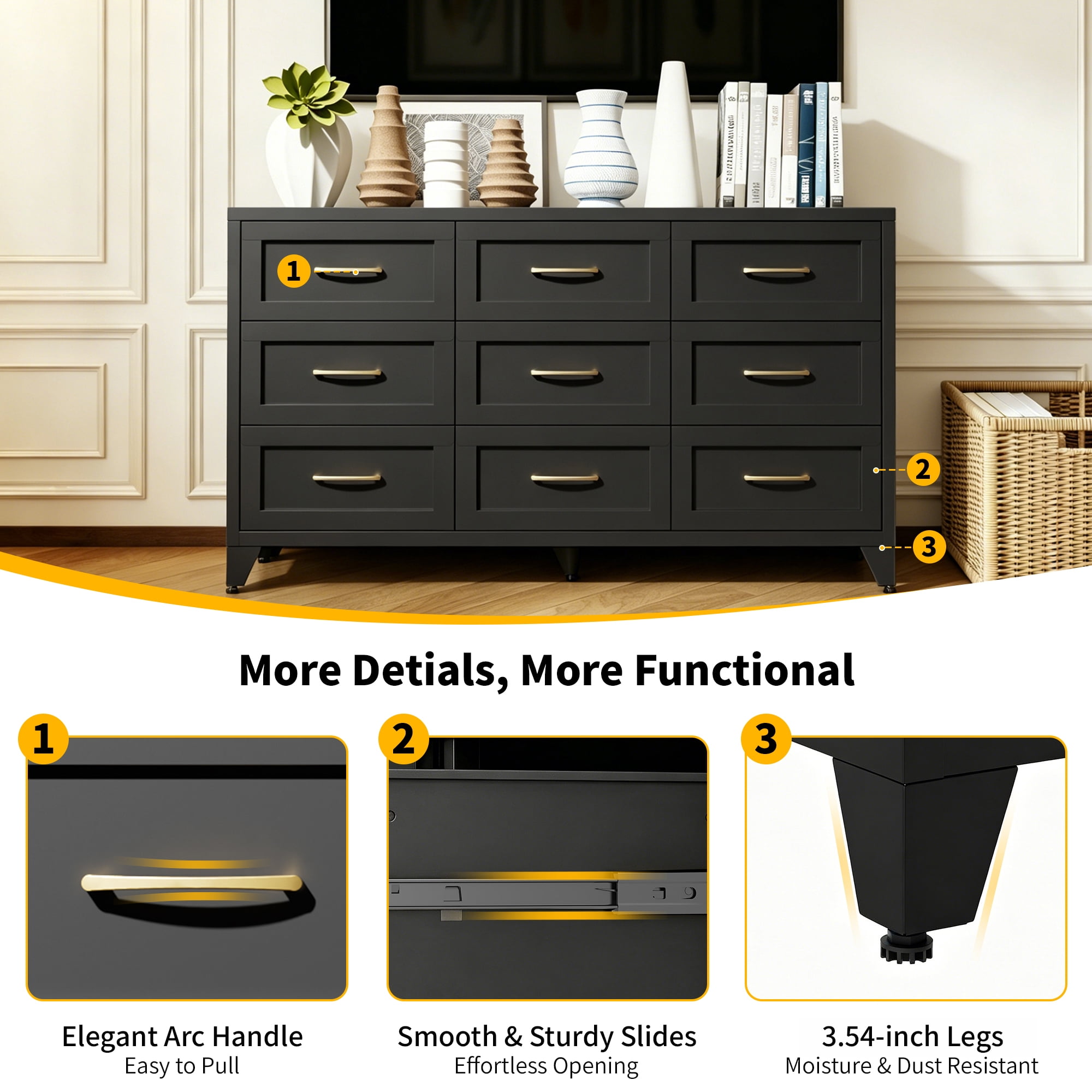 Aukfa 9-Drawer Wide Metal Dresser, Steel Storage Chest with Smooth-Glide Drawers, Eco-Friendly Bedroom Cabinet,