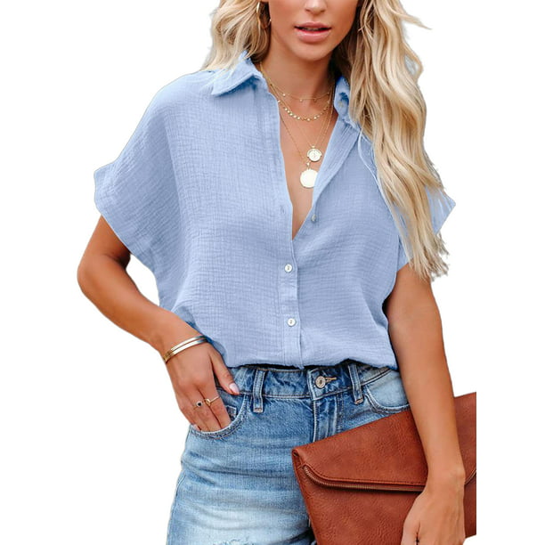 Grianlook Summer Short Sleeve Button Shirts for Women Office Plain ...
