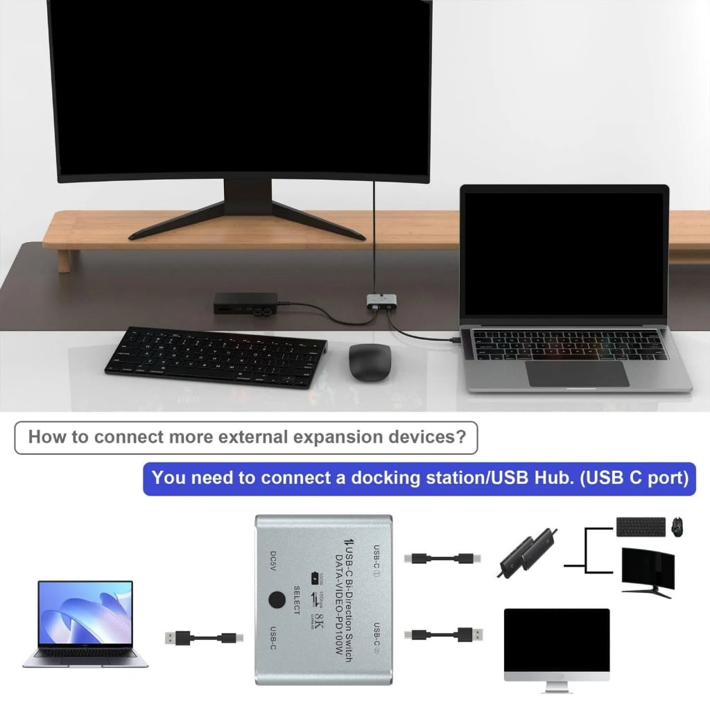 JZROCKER 8K USB C KVM Switcher BiDirectional USB C Switcher for 2PC Easy 1 Key Switching 2 In 1Out & 2 in 1Out 3440x1440