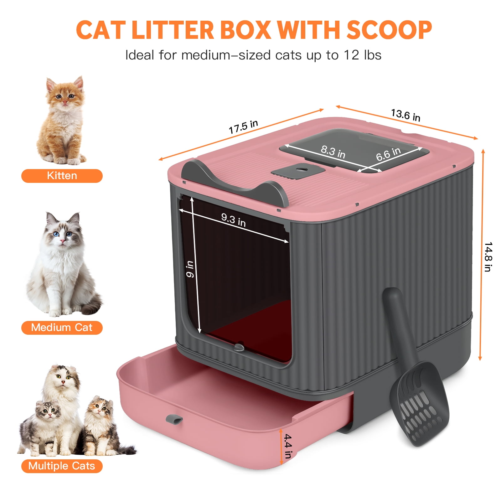PHANCIR Enclosed Cat Litter Box with Lid, Easy to Clean with Includes Scoop & 4 Charcoal Deodorizer Bags,Pink