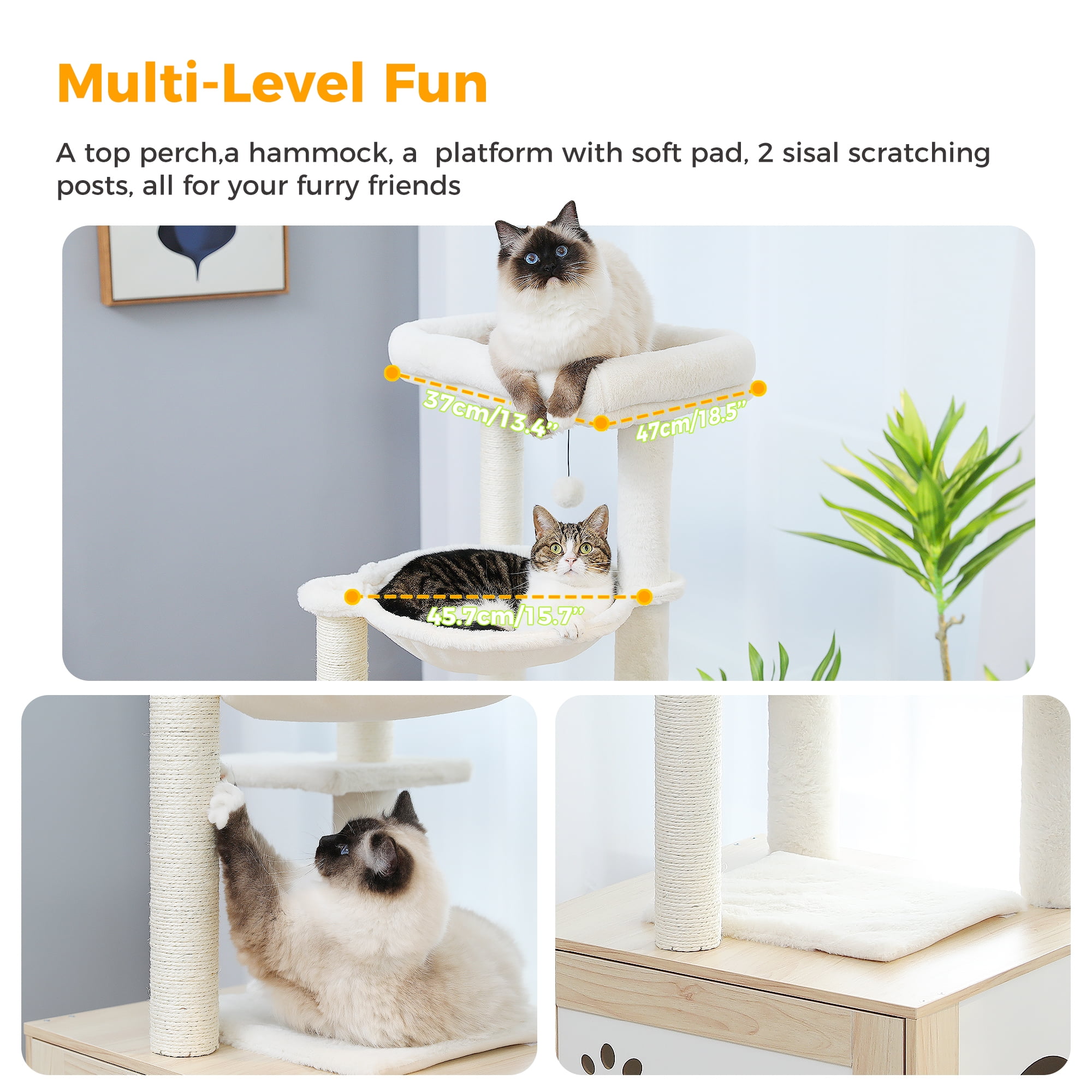 Pefilos 46" Wood Cat Tree Tower with Litter Box Enclosure, Cat Condo, Hammock, Cat Scratching Posts, Removable Top Perch, Beige Pefilos 46" Wood Cat Tree Tower with Litter Box Enclosure, Cat Condo, Hammock, Cat Scratching Posts, Removable Top Perch, Beige