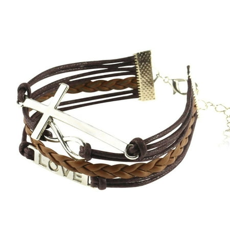 Brown Leather Cord Bracelet - Zodaca 7 to 9 inch Adjustable Brown Braided Velvet and Leather Cord Bracelet with Silver Love Cross Design