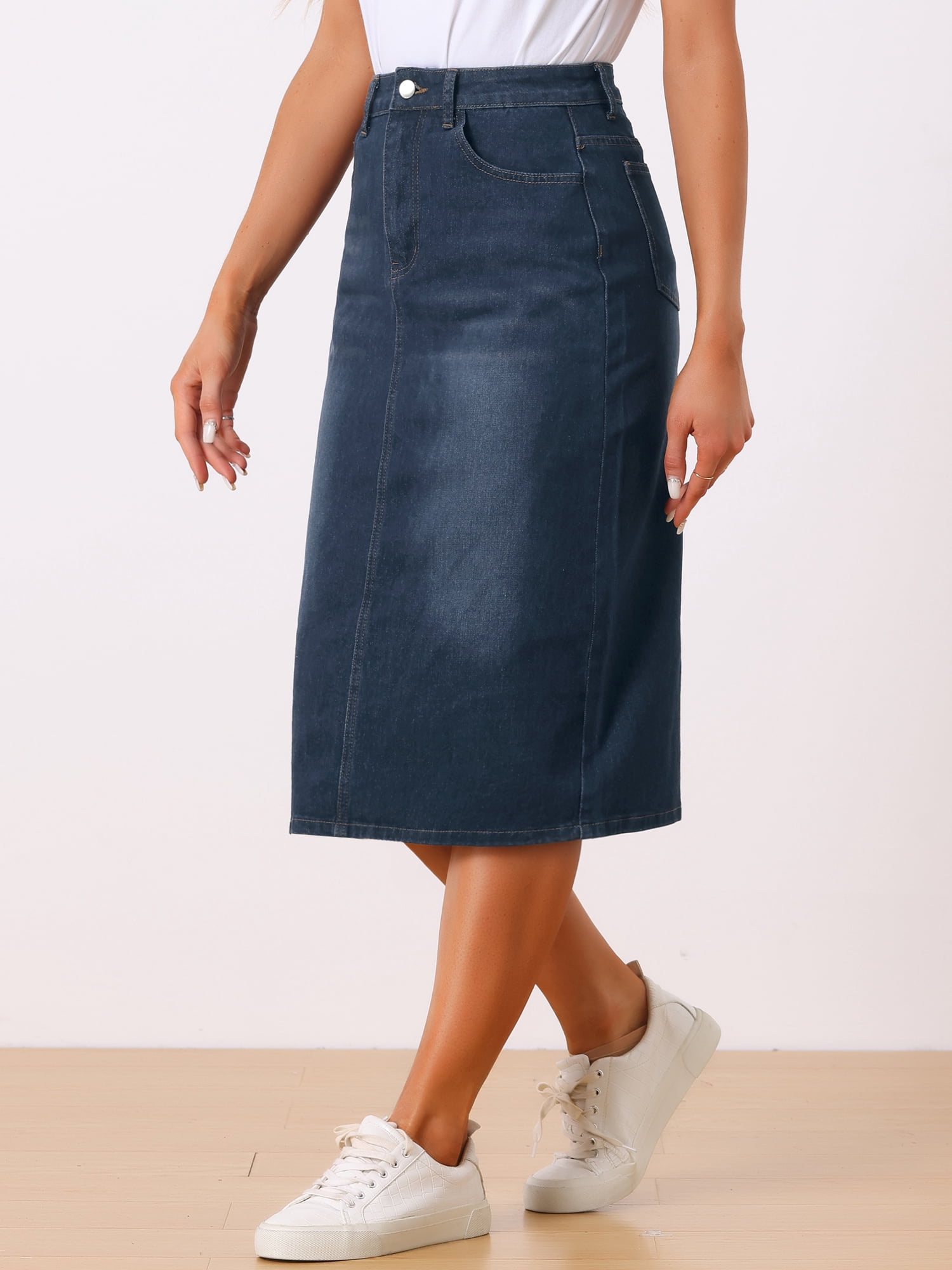 DARING DIVA Women's Zipped and Button Denim Split Back Pockets Midi Jean Skirts 2XL Black Blue