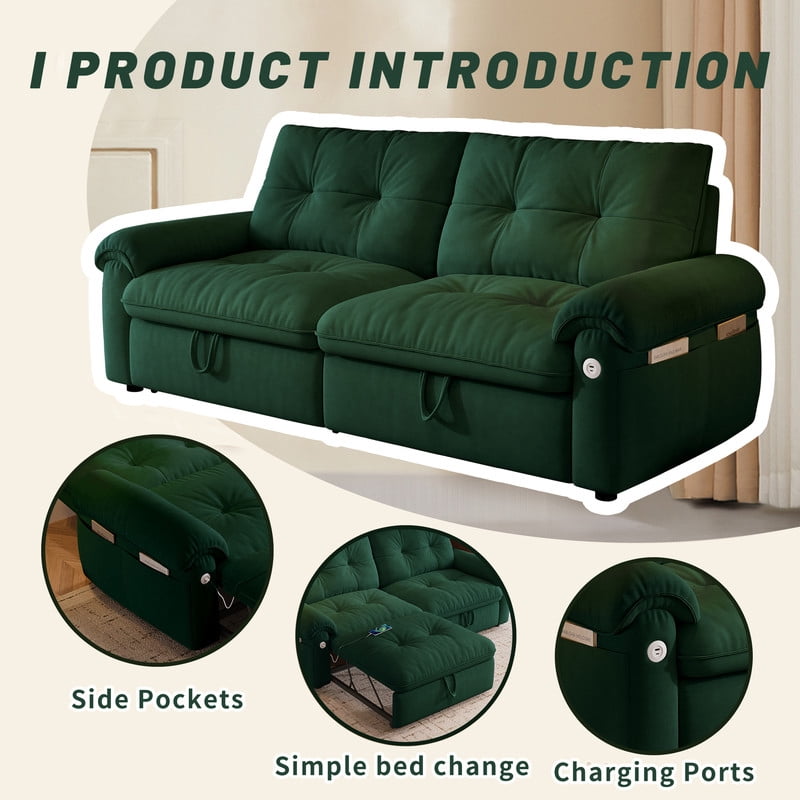 77.2" Convertible Sofa Bed, 2-in-1 Full Size Sleeper Sofa, Plush Upholstered Loveseat with USB Charging Ports & Side Pockets, Steel Frame Pull-Out Couch for Living Room, Bedroom, Apartment