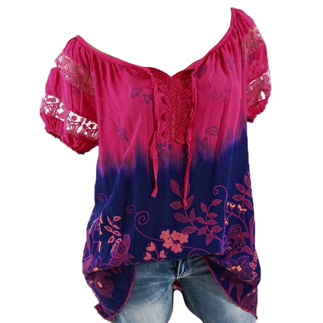 Babysbule Hauts pour Femmes en Liquidation Manches Courtes Col en V Dentelle Imprimée Hauts en Dentelle T-Shirt Ample Blouse