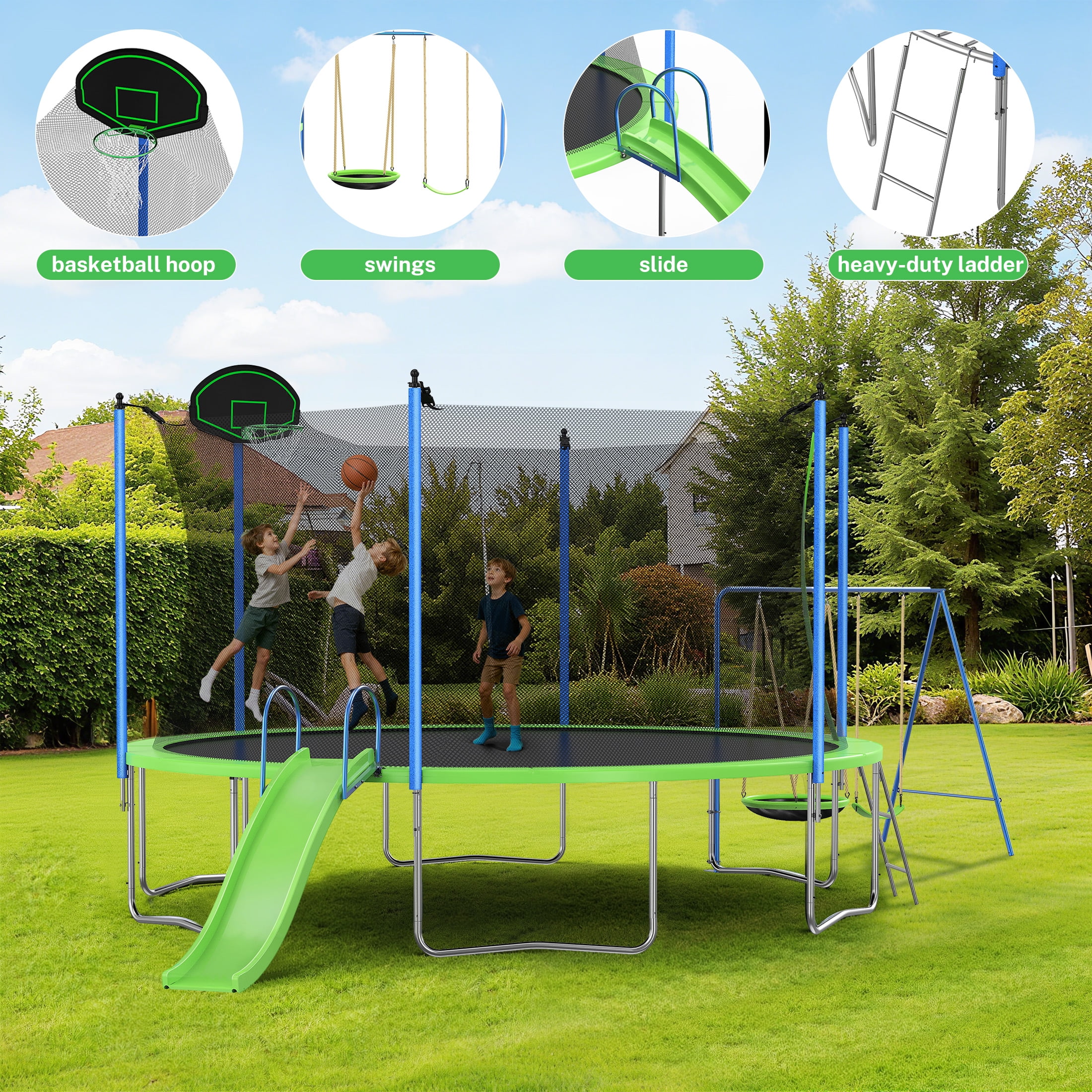 12FT Trampoline with Slide, Swings, SEGMART Recreational Trampoline with Basketball Hoop and Ladder, Heavy Duty Outdoor Backyard Trampoline with Net for Kids and Adults, Green